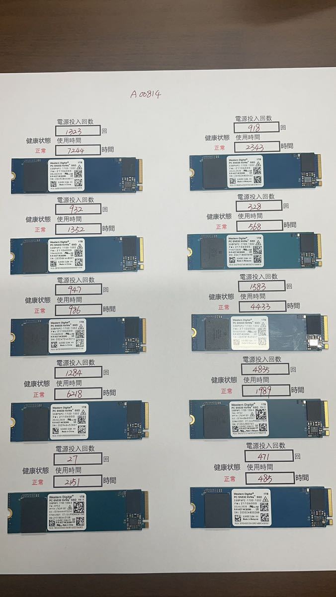 A00814 中古品 WD SSD 2280 NVME 1TB 10枚セット　動作確認済み　納品書発行可(商品説明文ご確認下さい)