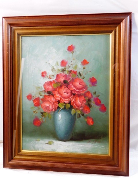 A379☆油絵/静物画/花瓶に入った赤い薔薇☆茶色系の額☆約縦68.5cm×横