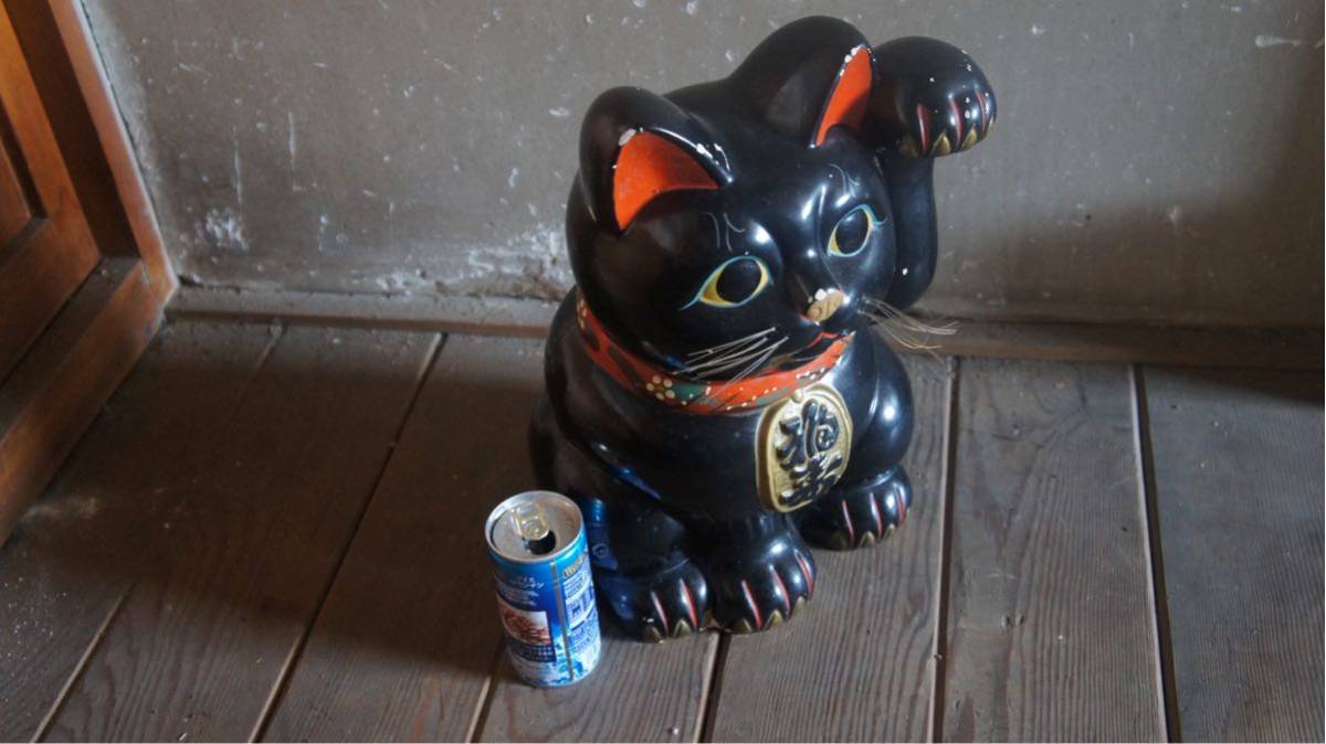 特大 黒字の黒招き猫 肉厚 アンティーク 陶器 置物ビンテージ昭和レトロ-