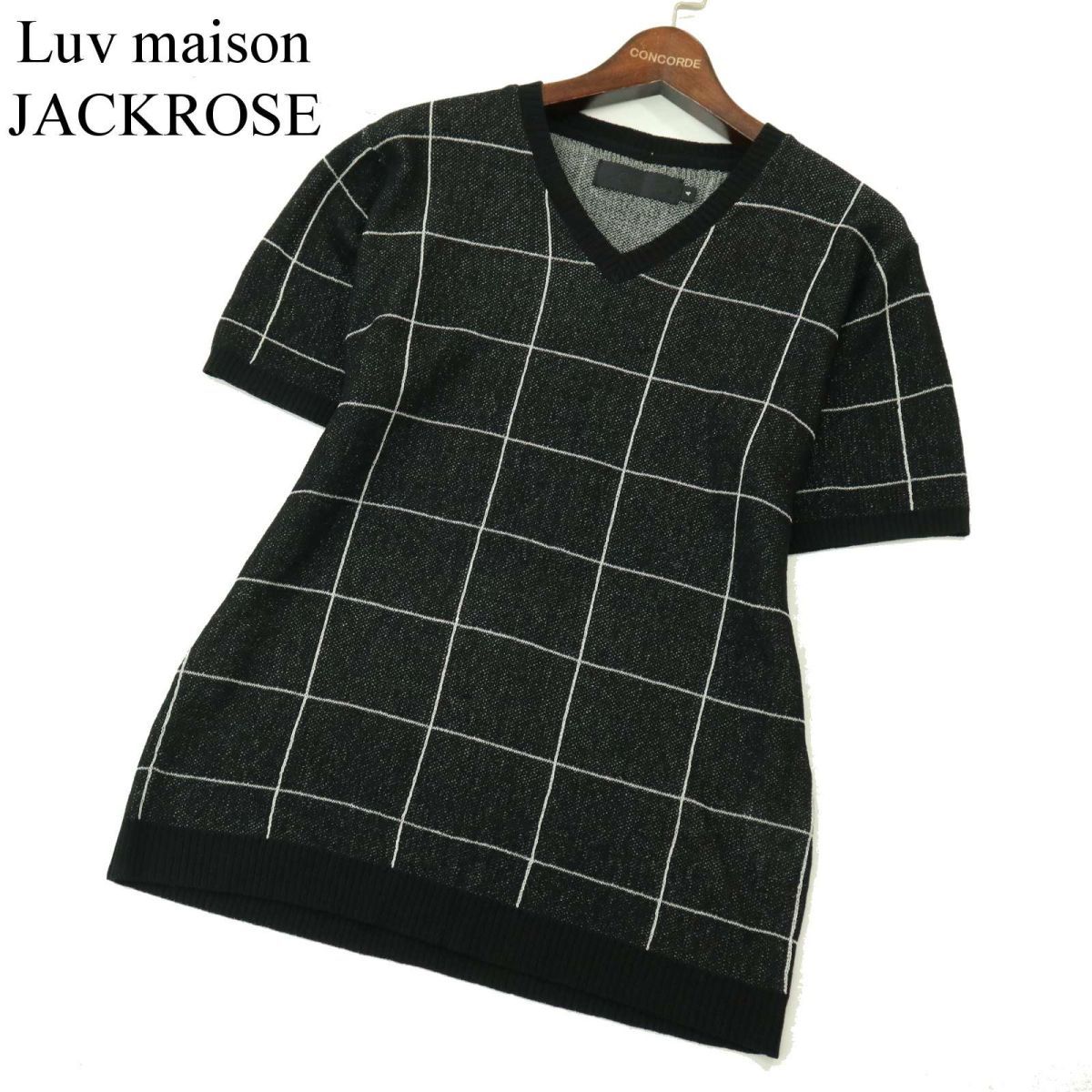 Luv maison JACKROSE ジャックローズ 春夏 チェック★ Vネック 半袖 ニット カットソー Tシャツ Sz.4　メンズ 黒　A3T07780_7#J_画像1