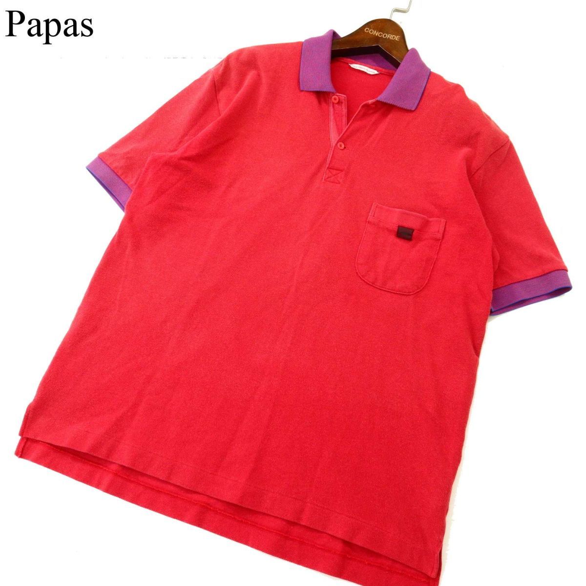 Papas パパス 春夏 ゆったり♪ ロゴタグ 半袖 鹿の子 ポロシャツ Sz.L　メンズ 赤 日本製　A3T08219_7#A_画像1