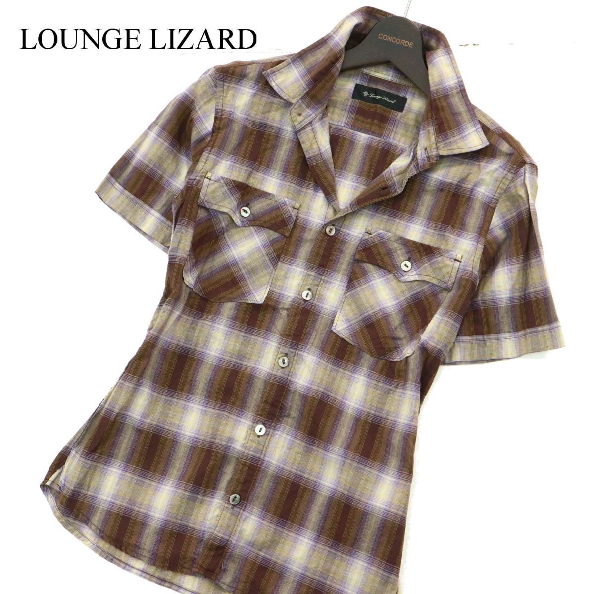 LOUNGE LIZARD ラウンジリザード 春夏 半袖 スリム★ ワーク チェック シャツ Sz.2 メンズ 日本製 A3T08480_7#Aの画像1