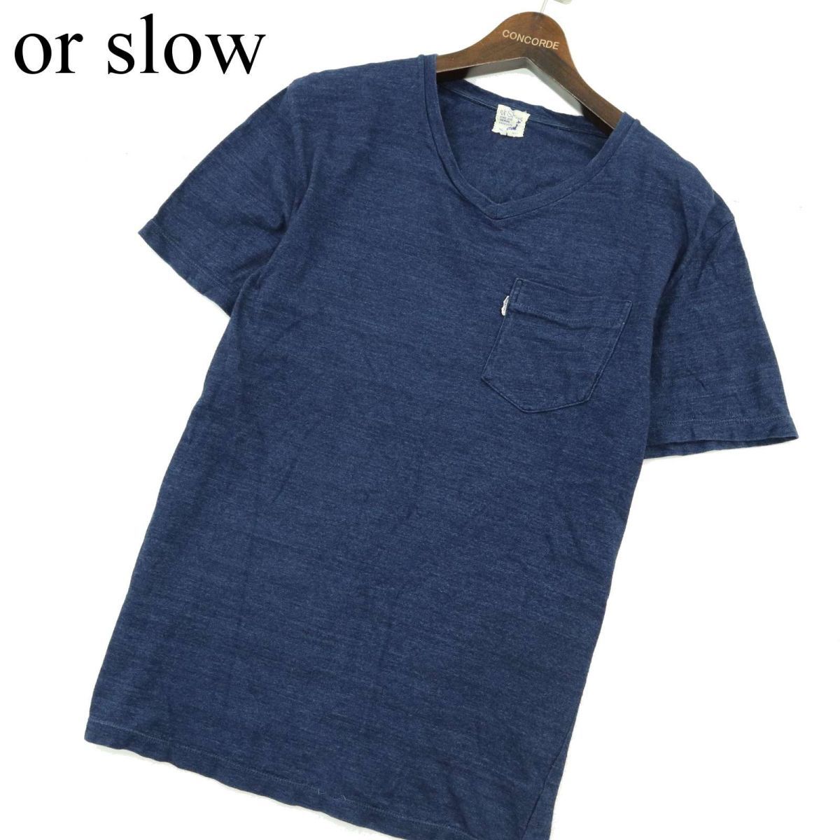 or Slow オアスロウ 春夏 インディゴ★ 半袖 Vネック ポケット カットソーTシャツ Sz.1　メンズ 日本製　A3T08773_7#D_画像1