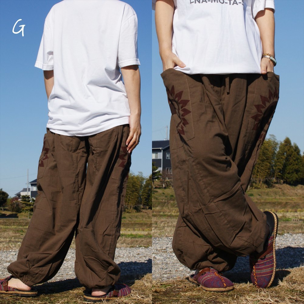 * ethnic Aladdin pants .. print including carriage * new goods unused G* Asian cotton material .. feeling less monkey L unisex 