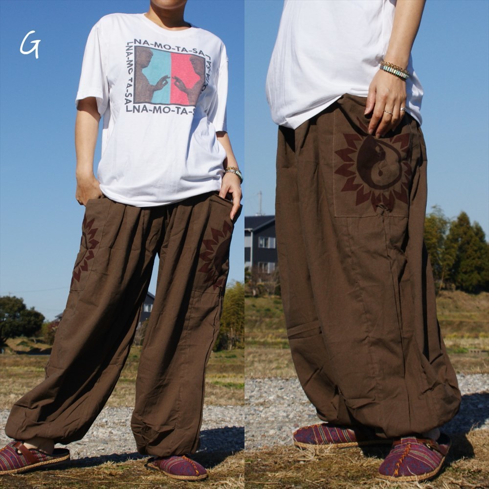 * ethnic Aladdin pants .. print including carriage * new goods unused G* Asian cotton material .. feeling less monkey L unisex 