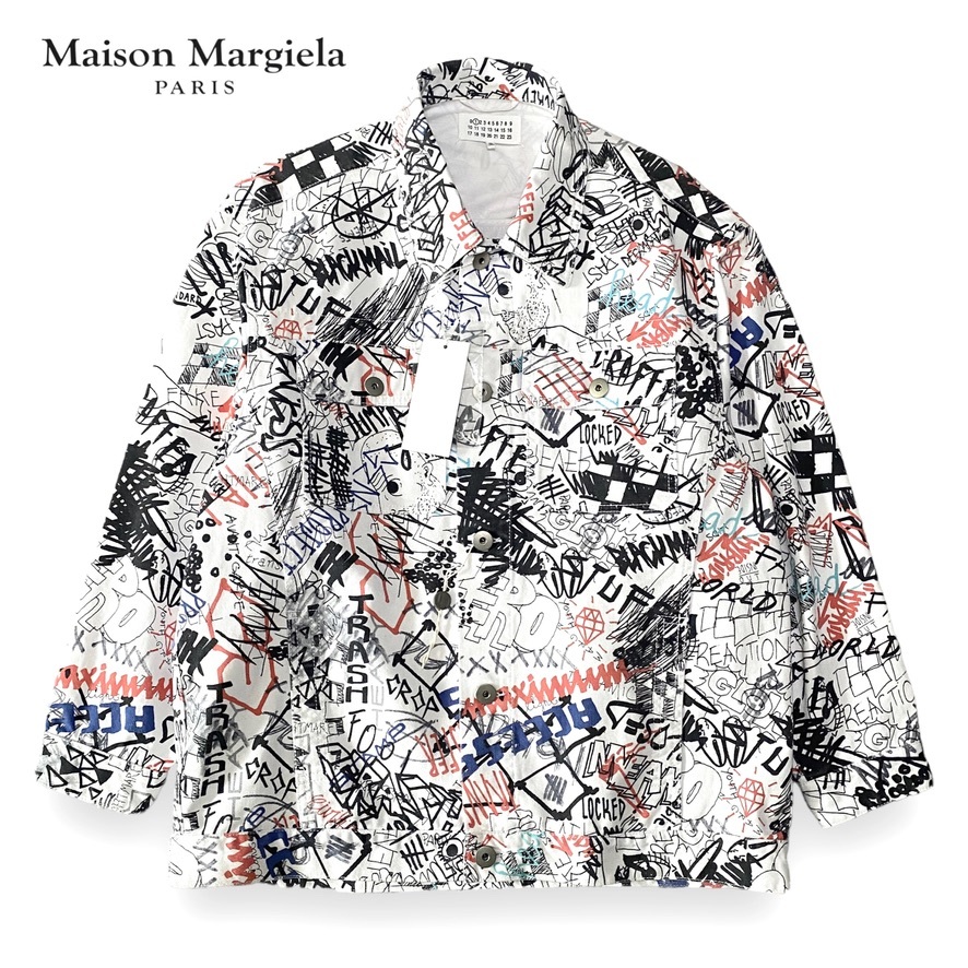 新品未使用 定価20万 Maison Margiela メゾンマルジェラ デニム ジャケット Gジャン グラフィティ 総柄 白 L〜XL相当 オーバーサイズ B856_画像1