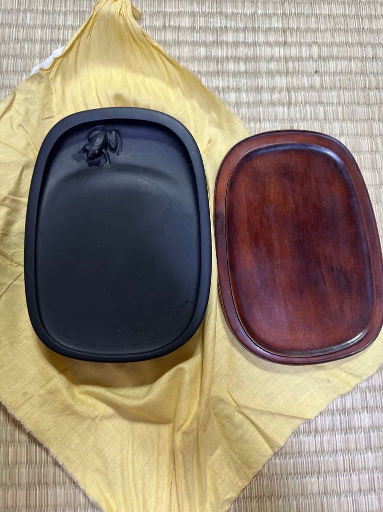 甲斐雨端硯 十一代 雨宮静軒作 蛙硯 河鹿 共箱