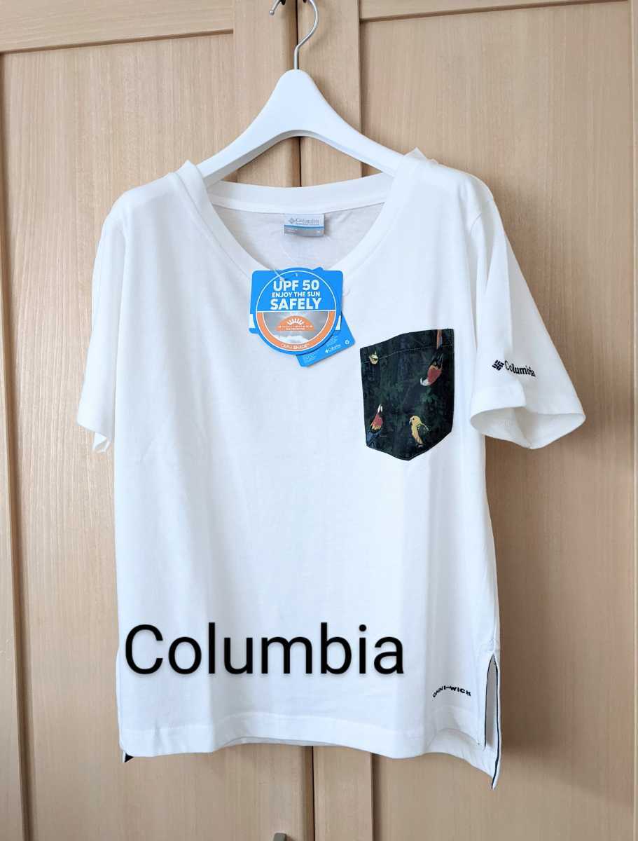 タグ付 Columbia レディースM コロンビア インコ柄 ポケット付 Vネック 半袖 トレッキング Tシャツ ストレッチUVカット 白 未使用 新品_画像1