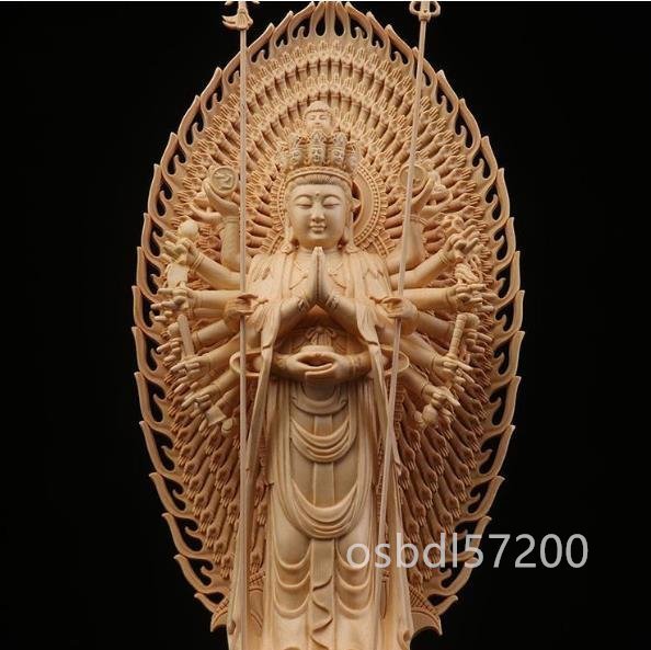 仏教美術 精密彫刻 仏像 手彫り 八角台座 桧木製 千手観音菩薩 高さ約43ｃｍ_画像1