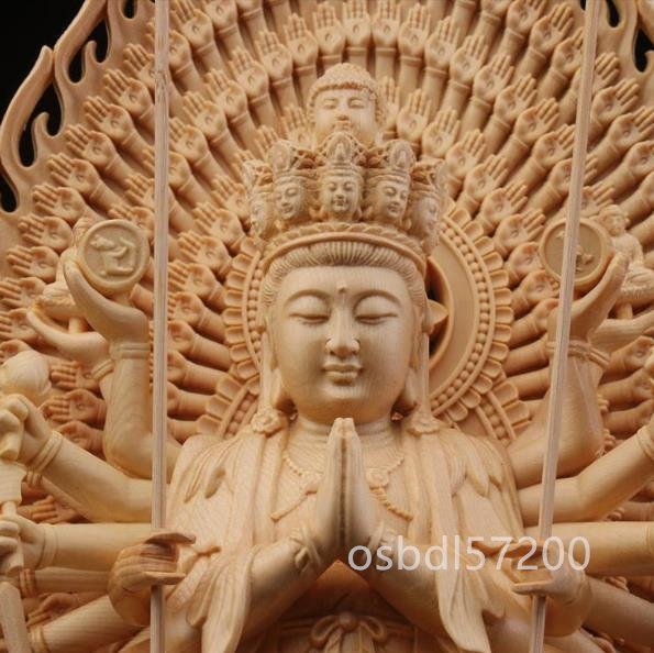 仏教美術 精密彫刻 仏像 手彫り 八角台座 桧木製 千手観音菩薩 高さ約43ｃｍ_画像4