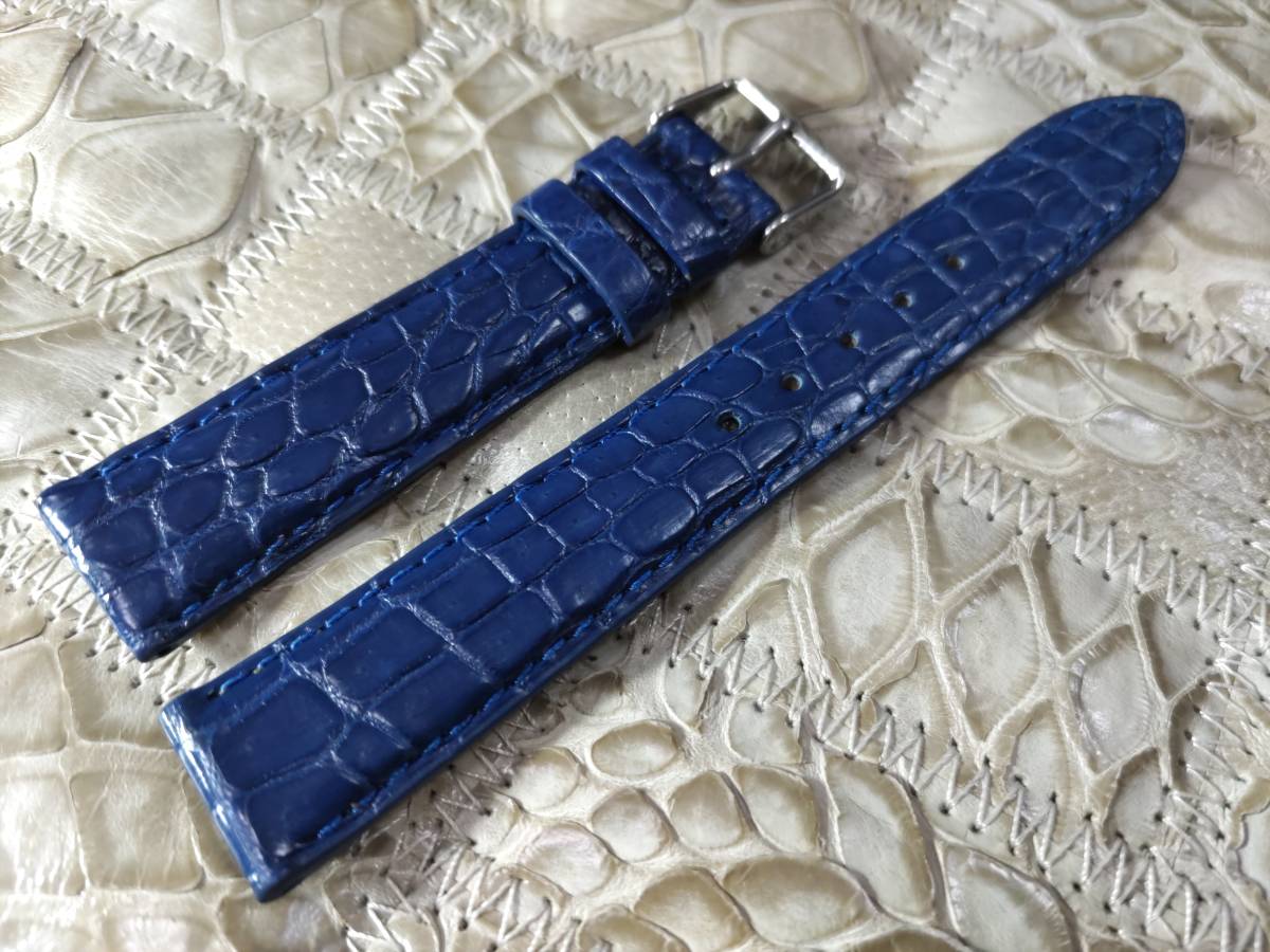 送料無料 本物クロコダイル 18.5mm ブルー 上質ワニ革 腕時計用ベルト