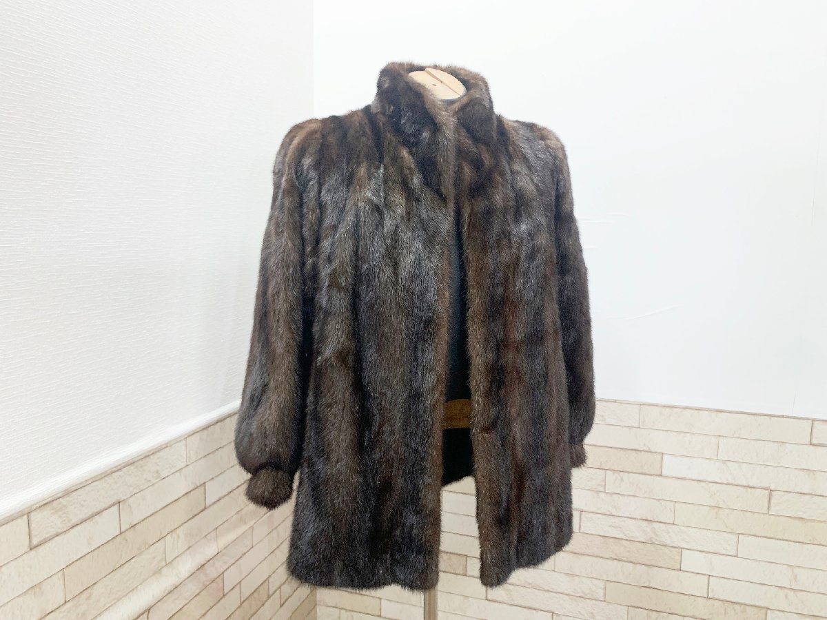 ミンク 毛皮 ファーコート ショートコート ハーフコート 着丈72cm フリーサイズ ダークブラウン 茶色 記名有り