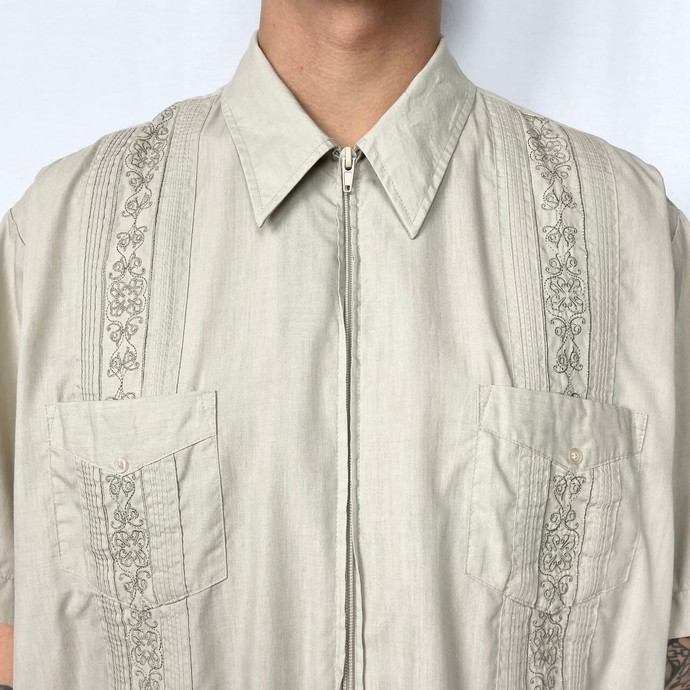 80年代～90年代 GUAYABERA 半袖 ジップアップ キューバシャツ メンズXL_画像3