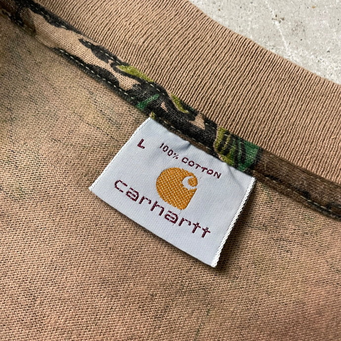 USA製 90年代 Carhartt カーハート 迷彩 リーフ 総柄 ポケットTシャツ メンズL_画像3