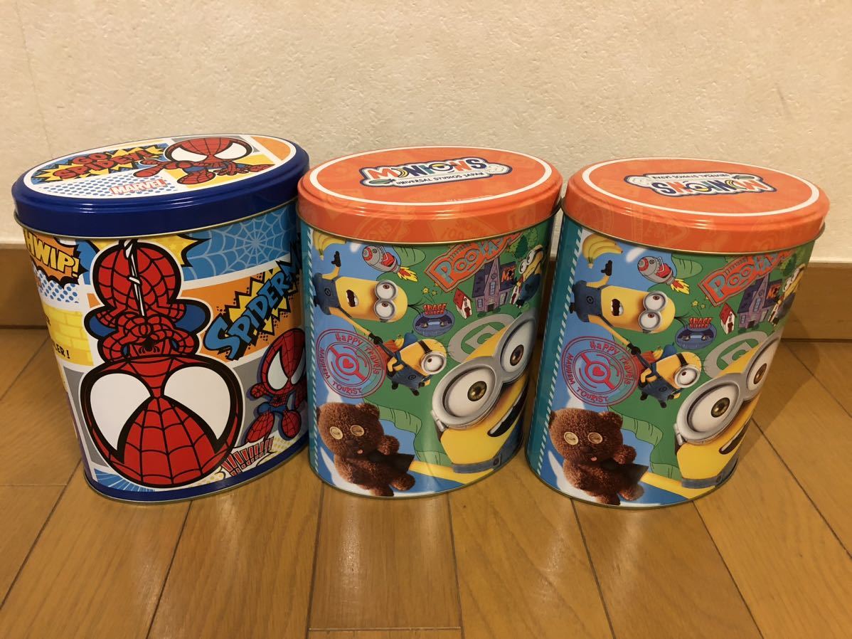 ユニバーサルスタジオジャパン　USJ 空き缶　お土産　クッキー缶 小物入れ　ミニオン　スパイダーマン_画像1