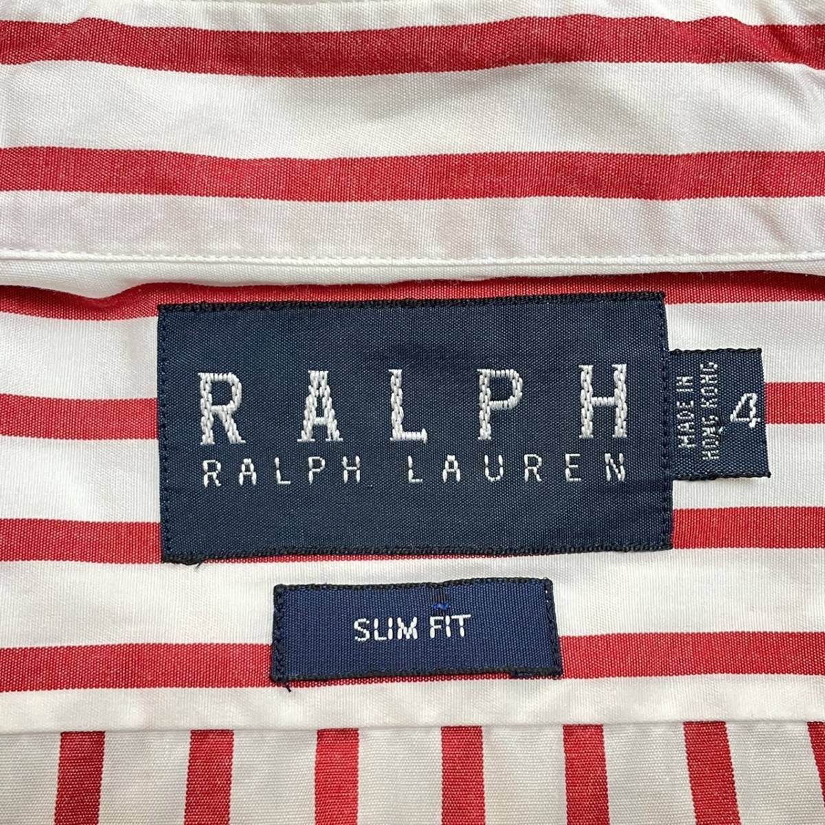 RALPH LAUREN ラルフローレン レディース 4 M程度 スリムフィット 半袖シャツ 白赤 ストライプ柄 綿 コットン カジュアル 古着の画像8