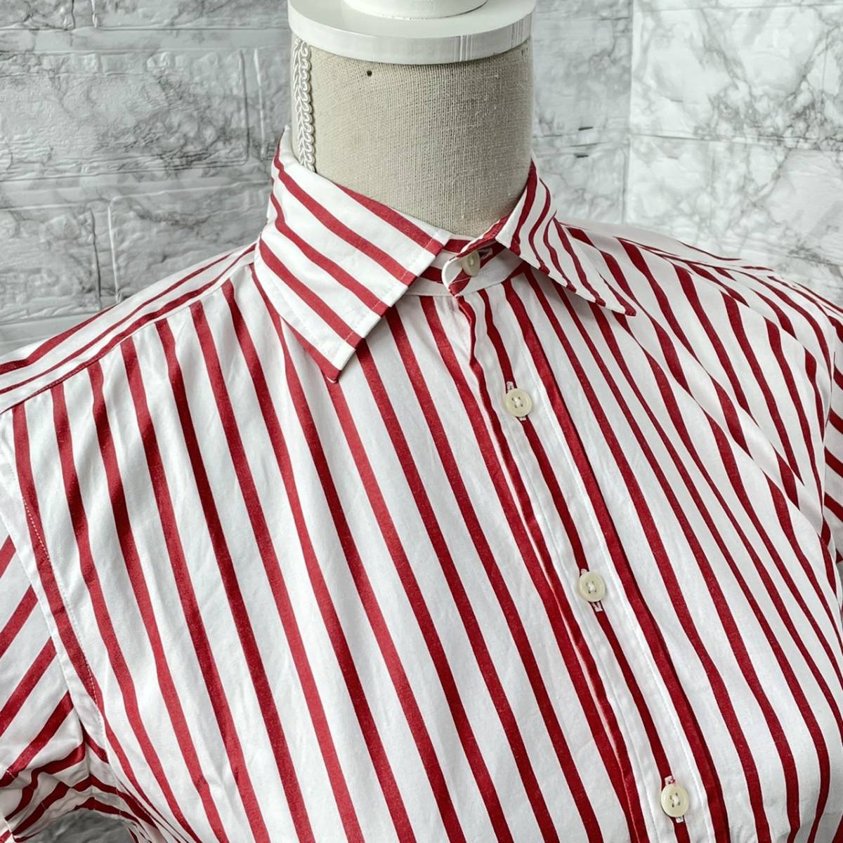 RALPH LAUREN ラルフローレン レディース 4 M程度 スリムフィット 半袖シャツ 白赤 ストライプ柄 綿 コットン カジュアル 古着の画像5