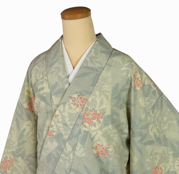 新作入荷!!】 蚊絣 塩沢紬調 単衣のきもの 草花柄 10696 正絹 仕立て