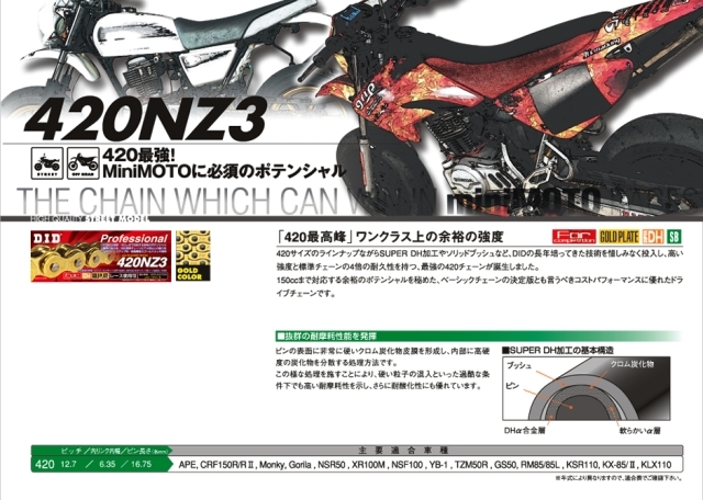 Z125 PRO カット不要 DID強化チェーン ゴールド 420NZ3 100L ノンシールチェン クリップ付き 新品_画像2