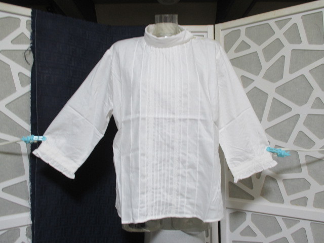 Z3113 free shipping [CLEAR WEATHER 6800 jpy :LL] stand piping race 7 minute sleeve shirt TEL Work remote work put on lady's large top * off 