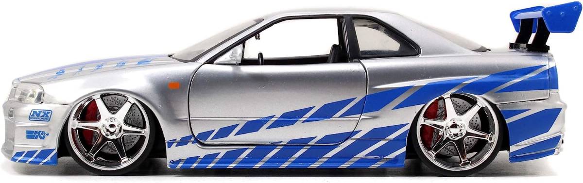 Jada Toys ワイルド・スピード ブライアンの 2002 日産 スカイライン R34 ダイキャストカー、1:24 スケール、シルバー & ブルーn213