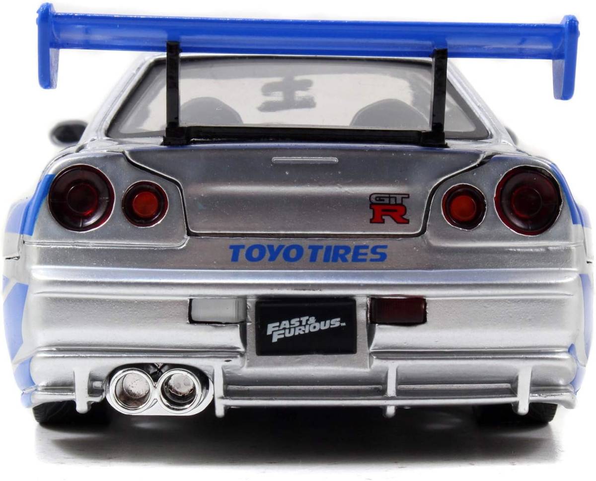 Jada Toys ワイルド・スピード ブライアンの 2002 日産 スカイライン R34 ダイキャストカー、1:24 スケール、シルバー & ブルーn213