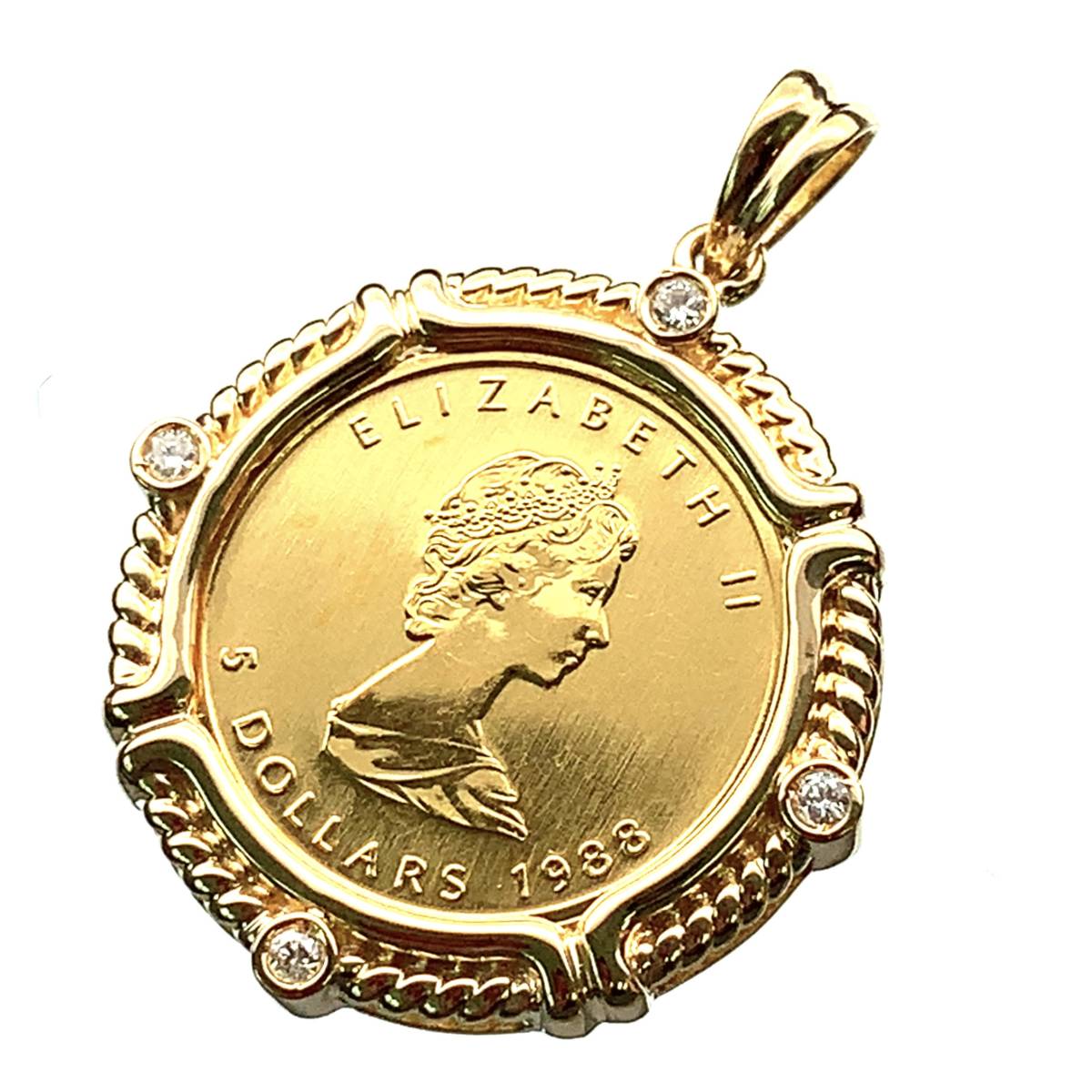 カナダ メイプル金貨 K18/24 純金 エリザベス二世 1988年 6.8g 1/10オンス ダイヤモンド イエローゴールド コイン ペンダントトップ