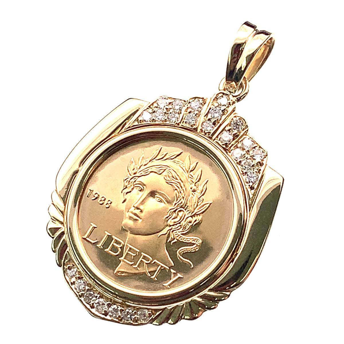 オリンピック リバティ金貨 15.8g アメリカ K18/21.6 1988年 ダイヤモンド 0.50 回転式 イエローゴールド コイン ペンダントトップ