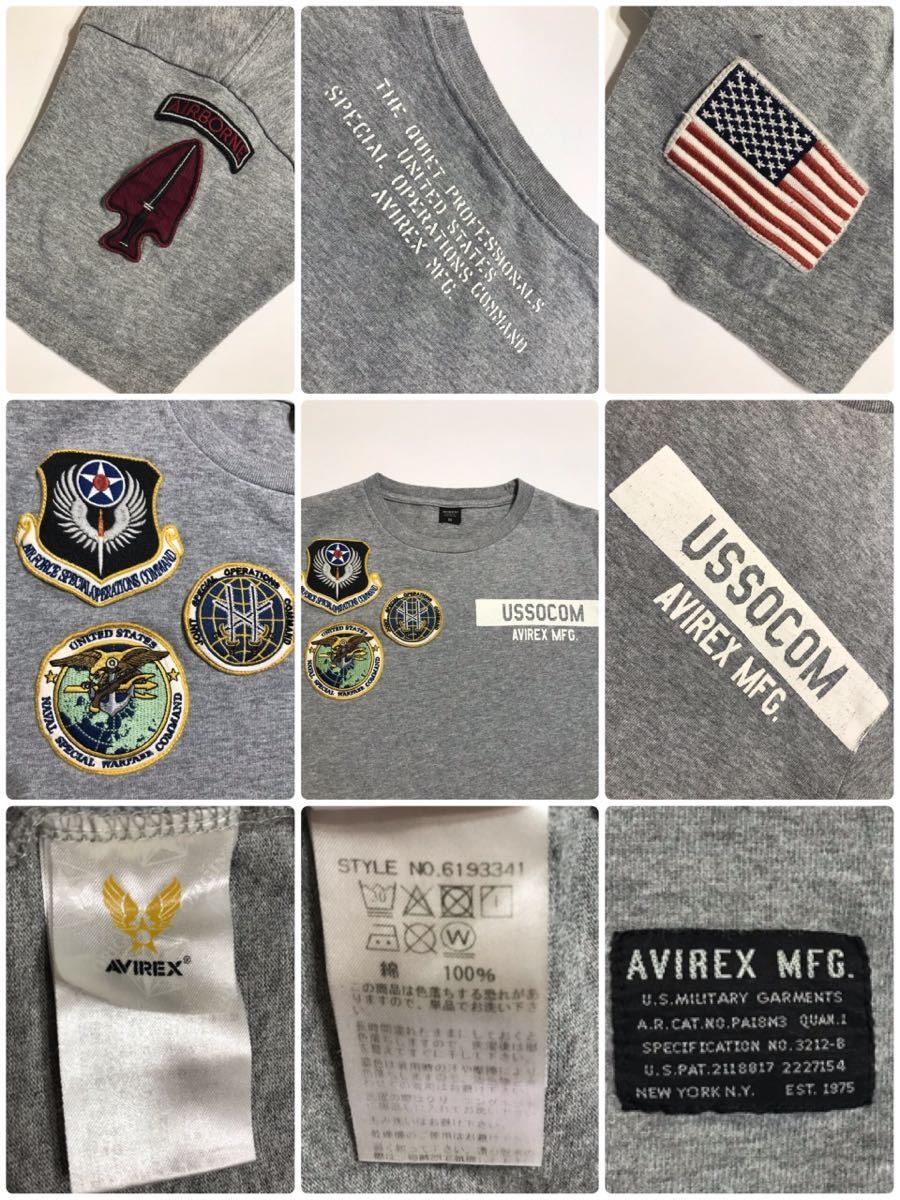 AVIREX U.S.A アヴィレックス ミリタリー クルーネック コットン Tシャツ ワッペン トップス サイズM 半袖 グレーの画像5