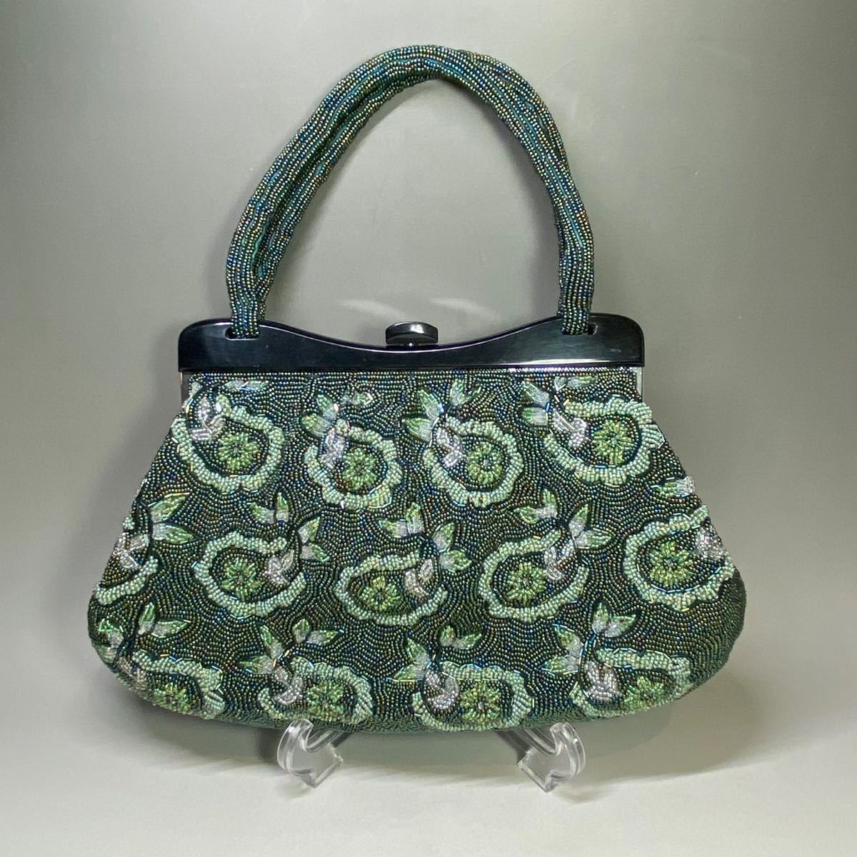  beads bag total beads bag antique kimono small articles retro Japanese clothing bag Showa Retro green floral print handbag pretty 