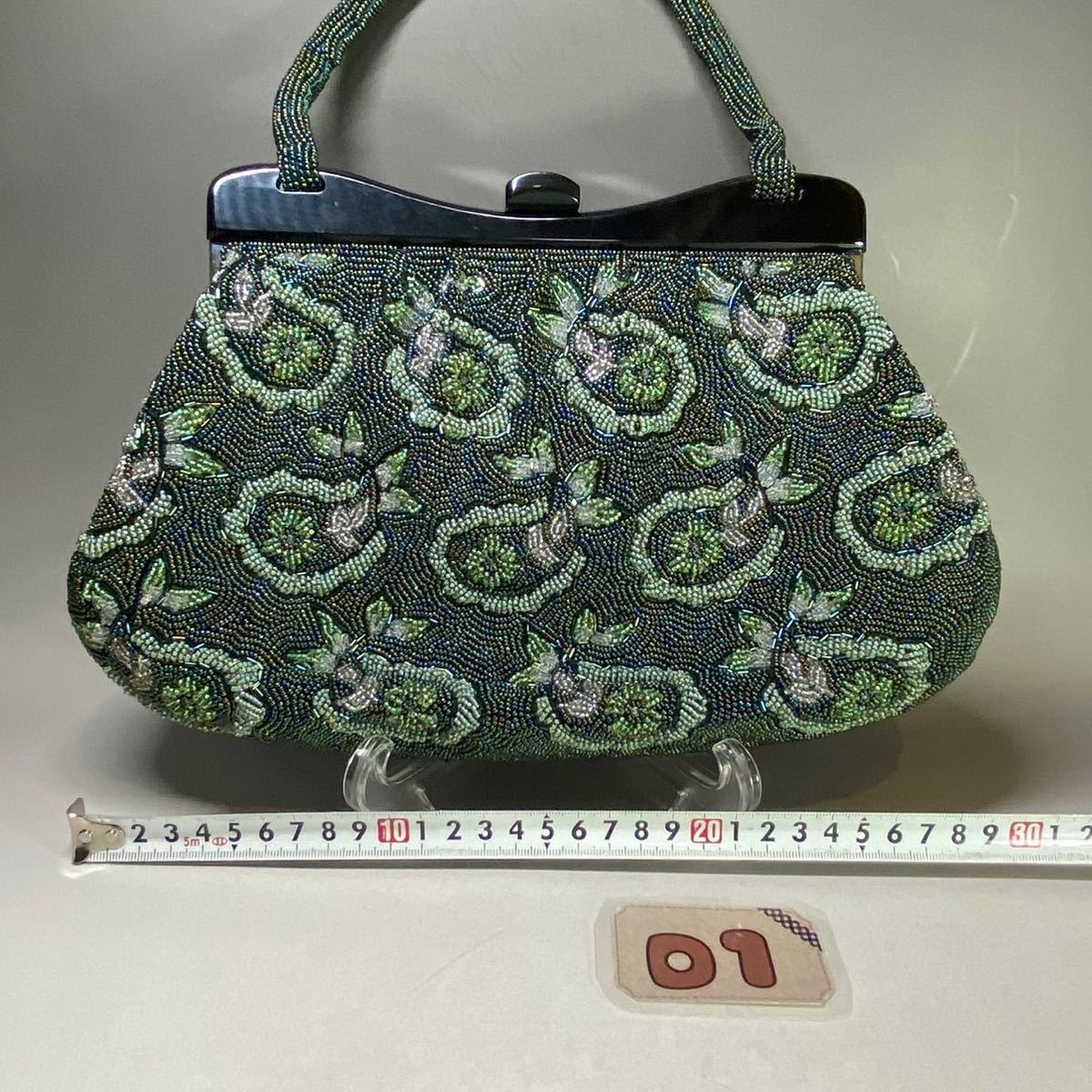  beads bag total beads bag antique kimono small articles retro Japanese clothing bag Showa Retro green floral print handbag pretty 