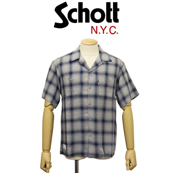 Schott (ショット) 3123016 OMBRE PLAID S/S SHIRT オンブレ 格子縞 ショートスリーブシャツ 110(84)BLUE L