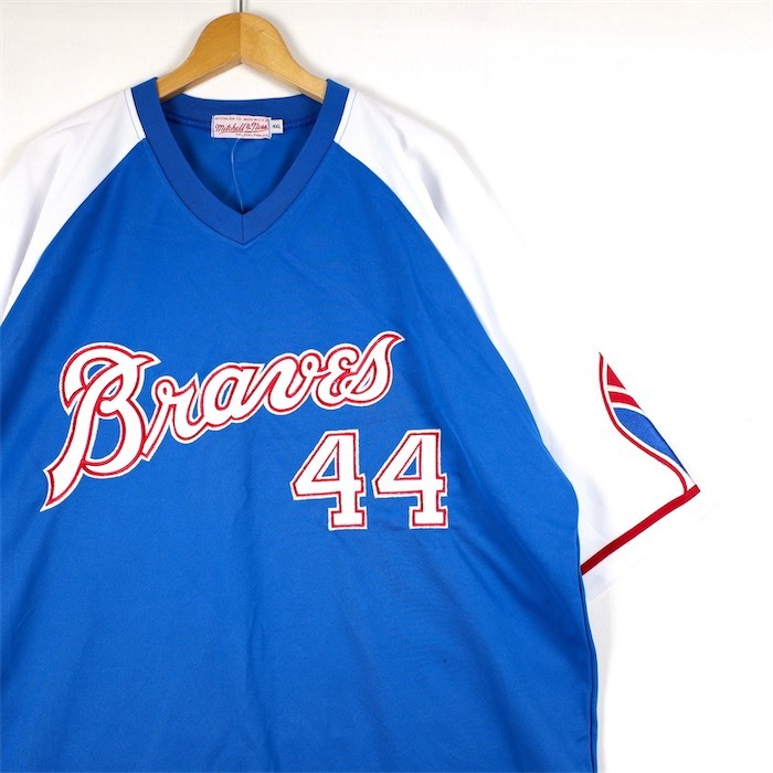 新品未使用品 USA製 Mitchell&Ness ベースボールシャツ 4XLサイズ MLB ATLANTA BRAVES COOPERSTOWN COLLECTION ワッペン ブルー sh-4098_画像1