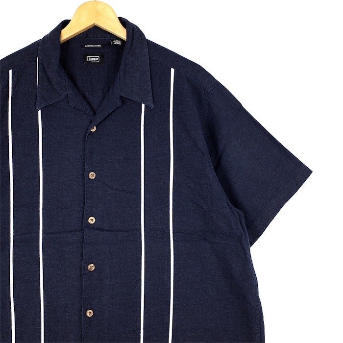 Haggar オープンカラー半袖スイッチングシャツ リネン＆レーヨン メンズUS-XXLサイズ ダークネイビー系 sh-4131n_画像1
