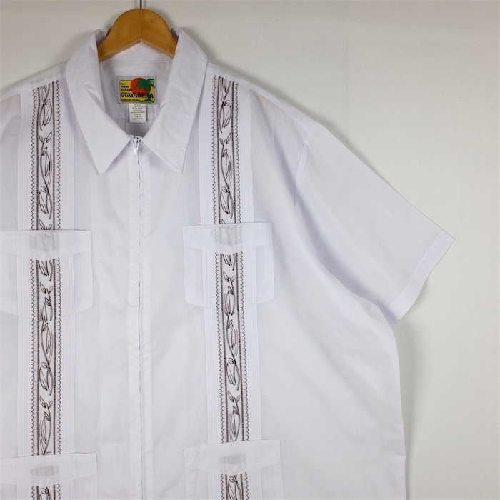 The GENUINE HABAND GUAYABERA ジップアップ半袖キューバシャツ 刺繍 メンズUS-3XLサイズ ホワイト ビンテージ グァジャベーラ sh-4162n_画像1