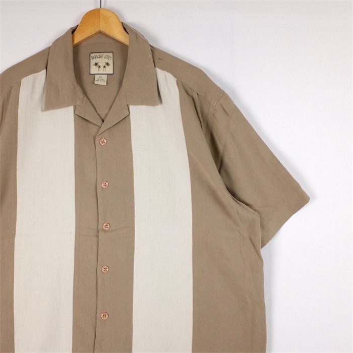 PARADISE COVES オープンカラー半袖スイッチングシャツ 100%シルク メンズUS-XXLサイズ カーキベージュ系 ヘリンボーン sh-4132n