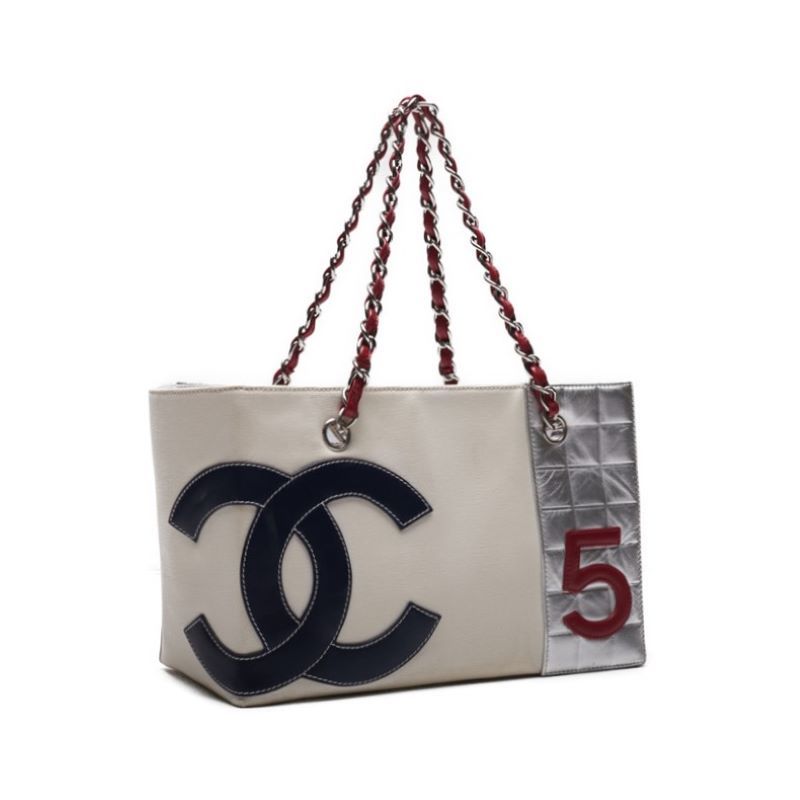 CHANEL シャネル NO.5 チェーントート キャンバス×カーフレザー 白×シルバー×赤×ネイビー（シルバー金具）_画像3