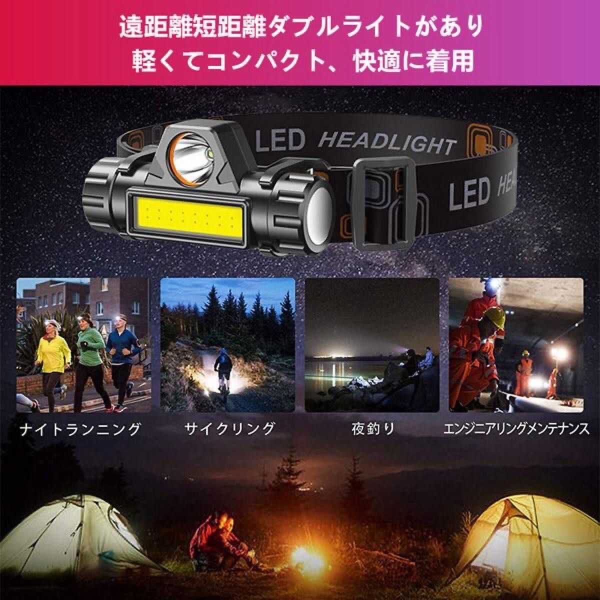 LEDヘッドライト 90°回転 USB充電式 キャンプ  登山  2個セット