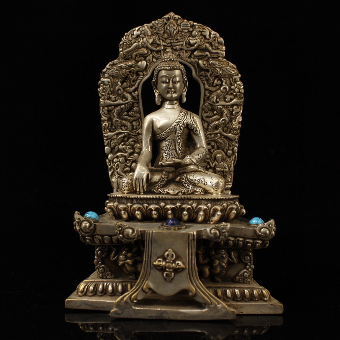 清・仏教古美術・古銅彫・寶石嵌・銀鍍・釋迦摩尼仏祖像』極細工 置物