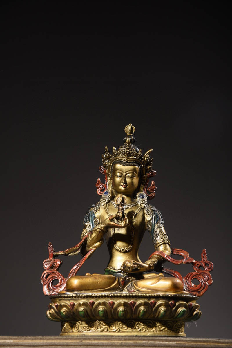 清・仏教古美術・銅製・金鍍・彩繪・金剛薩錘像』極細工 置物古賞物 