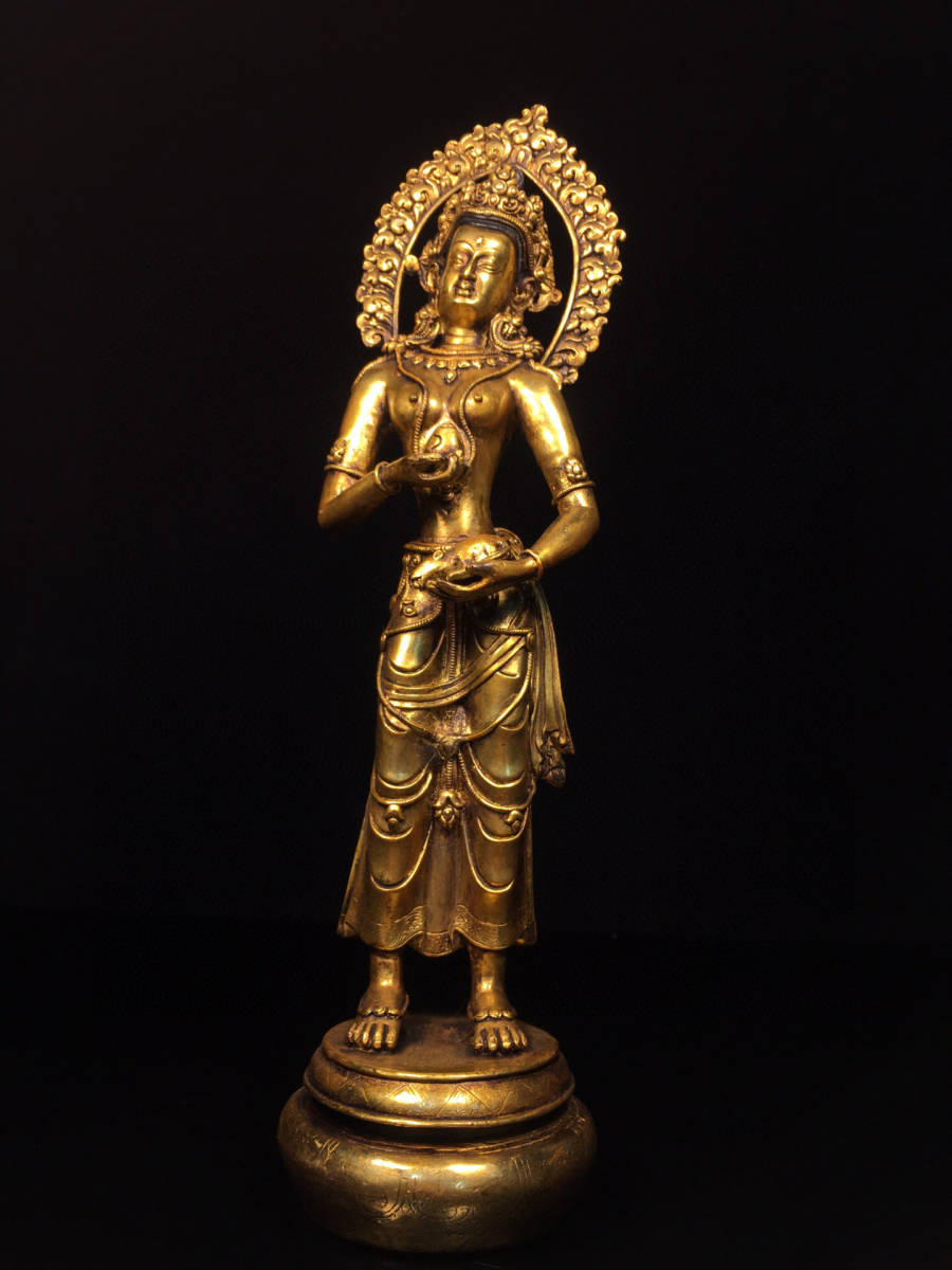 人気提案 『清・仏教古美術・銅製・塗金・站度母菩薩像』極細工 置物古