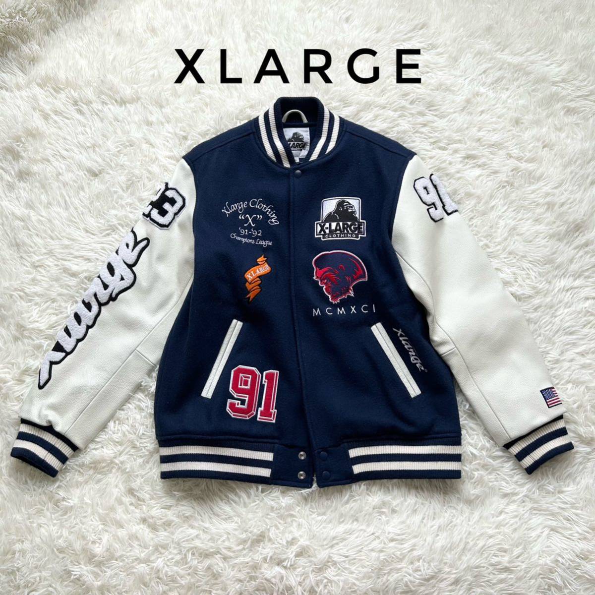 美品】XLARGE エクストラージ スタジャン VARSITY JACKET キルティング ワッペン ブルゾン 袖レザー /Lサイズ メンズ /ネイビー  ホワイト