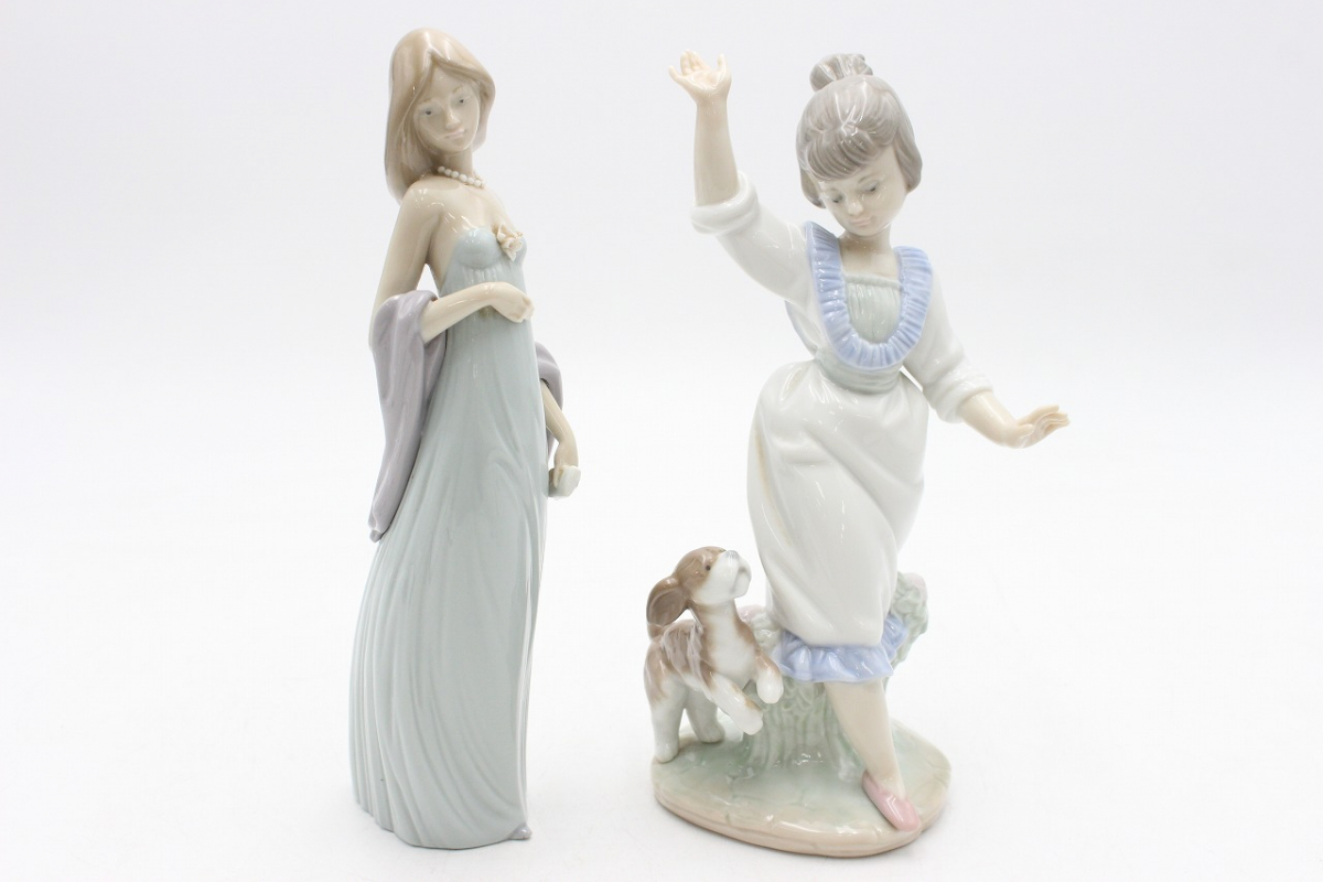行董】 LLADRO リヤドロ 2点セット 少女 犬 散歩 陶器人形 フィギュ