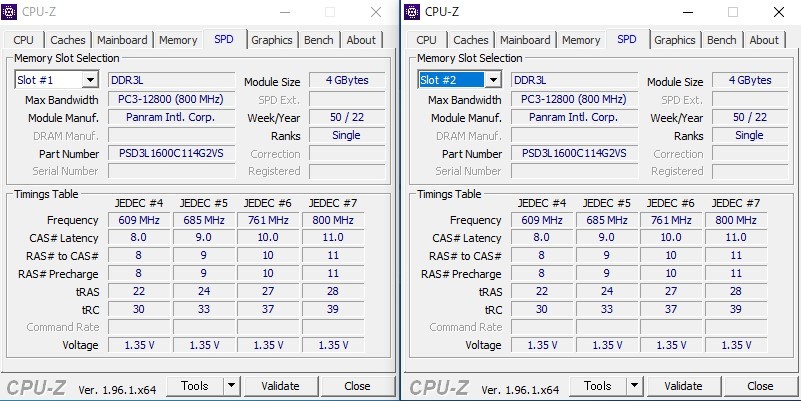 MH24【動作品】Panram DDR3L-1600 4GB×2枚 計8GB【送料無料】PC3L-12800 ノートPC用 1.35V non-ECC Unbuffered W3N1600PS-L4G_画像2