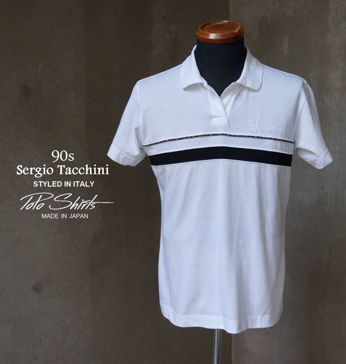 90s 日本製 セルジオ・タッキーニ Sergio Tacchini 白 紺&チェックライン 綿ポリ 70/30 半袖 ポロシャツ S M L男女兼用_画像1