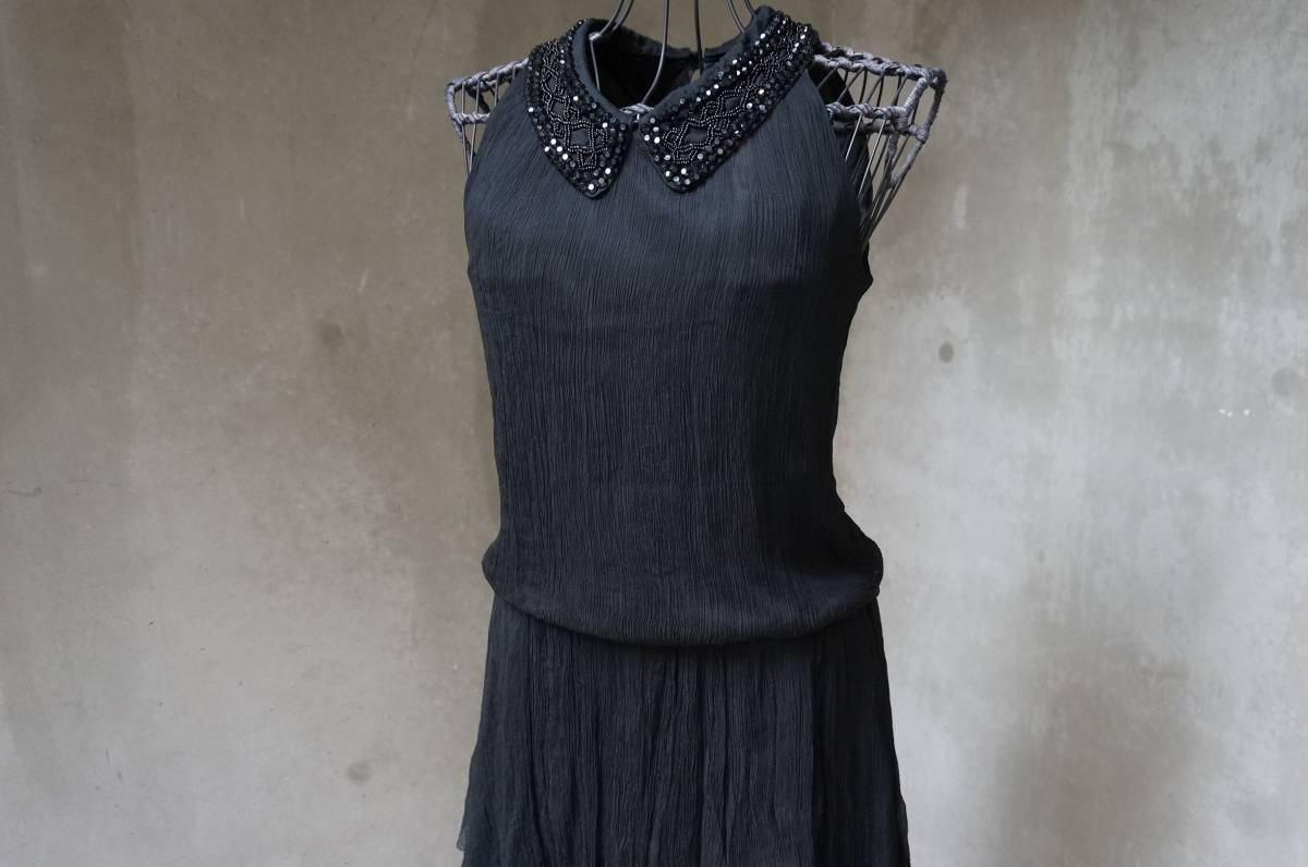 キュー Q 絹シルク クレープ織り 黒 ブラック ノースリーブ ワンピース サマードレス 2 M
