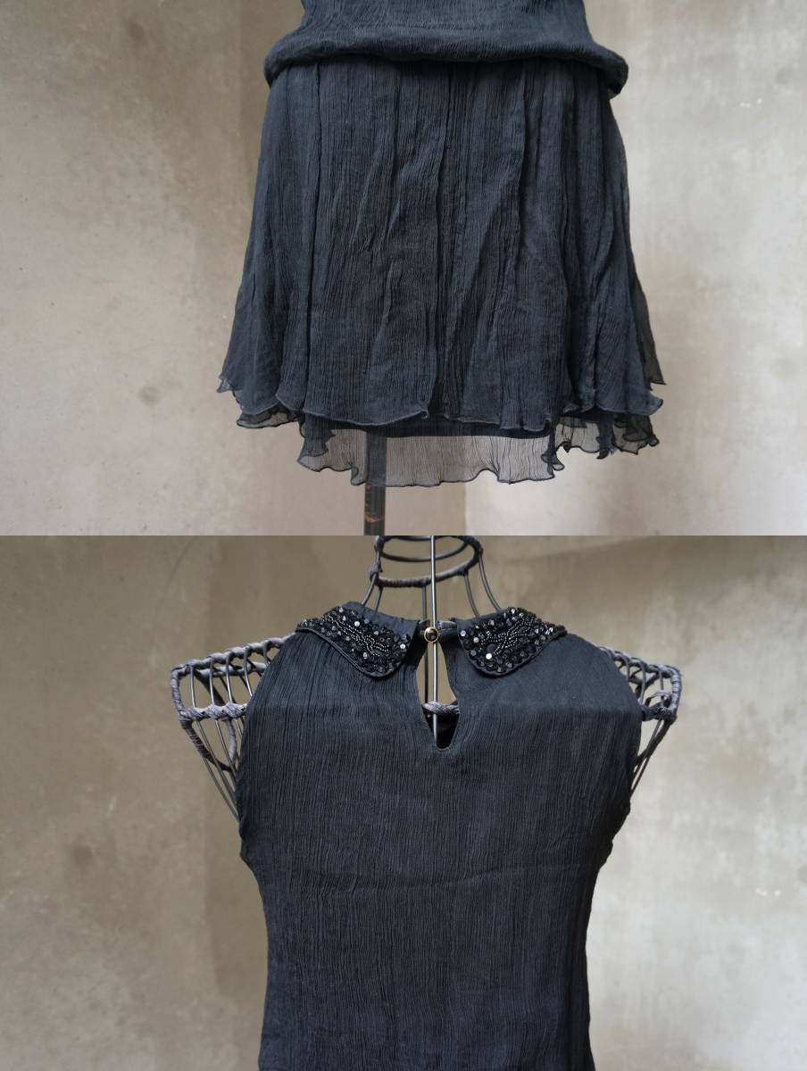 キュー Q 絹シルク クレープ織り 黒 ブラック ノースリーブ ワンピース サマードレス 2 M_画像7