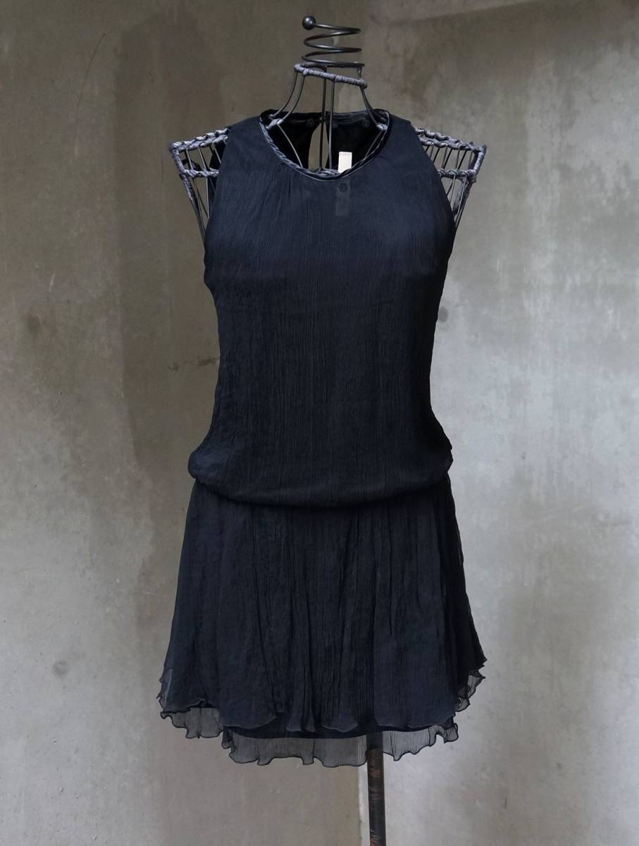 キュー Q 絹シルク クレープ織り 黒 ブラック ノースリーブ ワンピース サマードレス 2 M_画像2