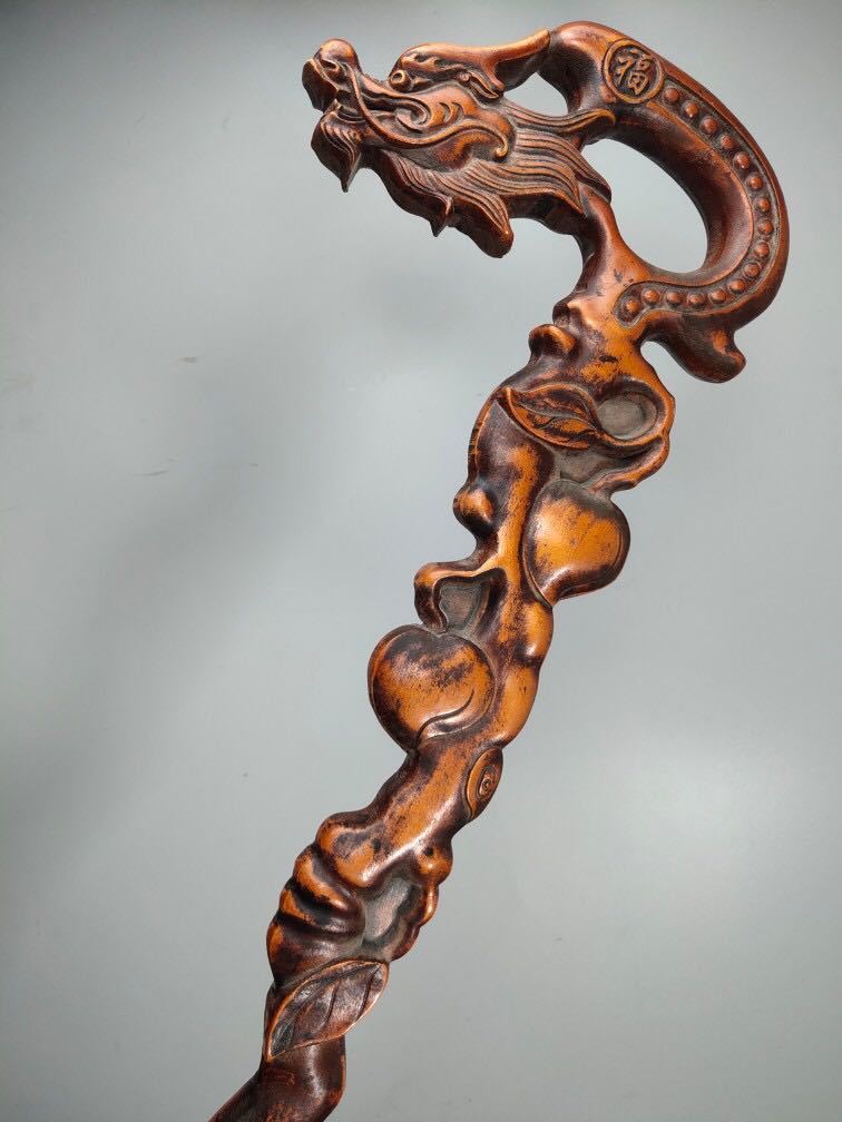 ショッピング買い 竜頭実木彫刻如意杖老人ステッキ 1 - 美術品
