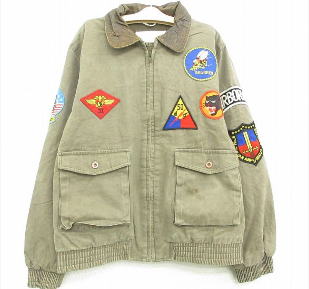 古着 長袖 ジャケット キッズ ボーイズ 子供服 90年代 90s 星条旗 襟レザー コットン 茶系 内側メッシュ